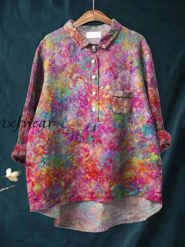 Women’s Fashion Elegant Artistic Floral Print Long Sleeve V-Neck Button Pocket Shirt Tops A / S