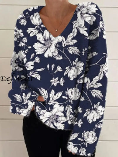 Women’s Fashion Elegant Artistic Floral Print Long Sleeve V Neck Knitted Sweater A / S