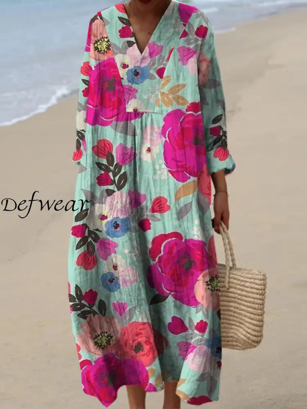 Women’s Fashion Elegant Artistic Floral Print Long Sleeve V Neck Maxi Dress A / S