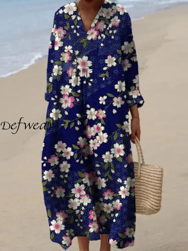 Women’s Fashion Elegant Artistic Floral Print Long Sleeve V Neck Maxi Dress A / S