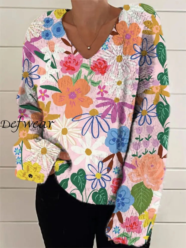 Women’s Fashion Elegant Artistic Floral Print Long Sleeve V Neck Sweater A / S