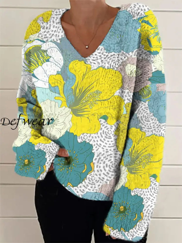 Women’s Fashion Elegant Artistic Floral Print Long Sleeve V Neck Sweater A / S