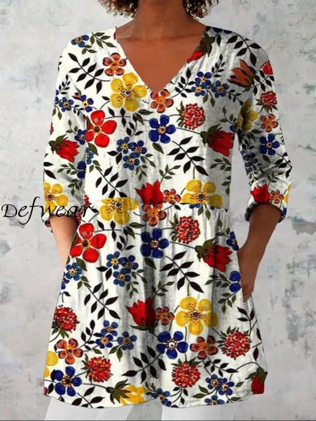 Women’s Fashion Elegant Artistic Floral Print Three Quarter Sleeve V Neck Top A / S