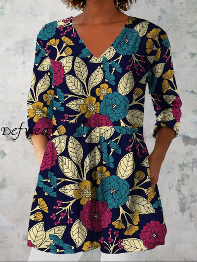 Women’s Fashion Elegant Artistic Floral Print Three Quarter Sleeve V Neck Top A / S