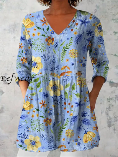 Women’s Fashion Elegant Artistic Floral Print Three Quarter Sleeve V Neck Top A / S