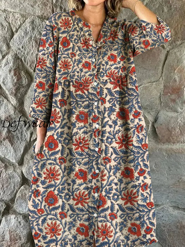 Women’s Fashion Elegant Artistic Floral Print Three Quarter Sleeves V Neck Button Midi Dress A / S