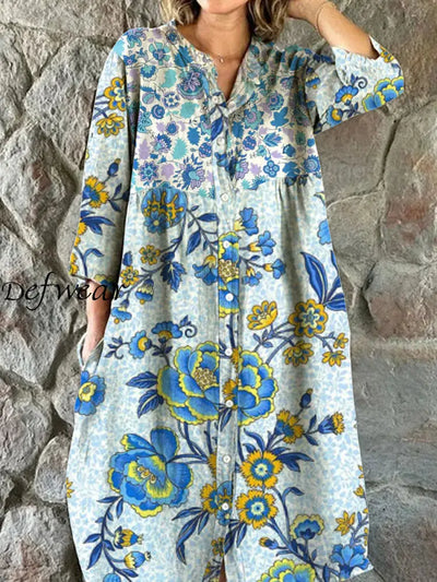 Women’s Fashion Elegant Artistic Floral Print Three Quarter Sleeves V Neck Button Midi Dress A / S