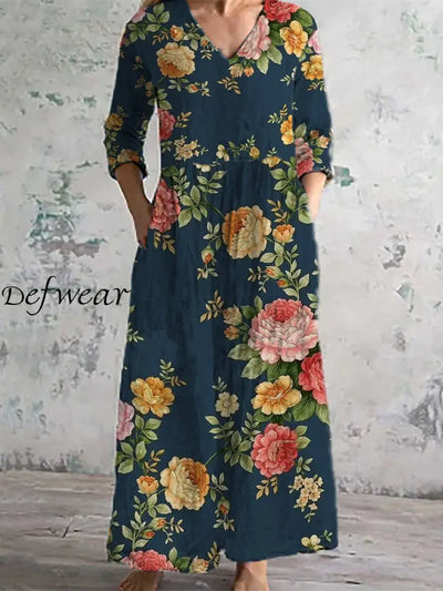 Women’s Fashion Elegant Artistic Floral Print Three Quarter Sleeves V Neck Maxi Dress A / S