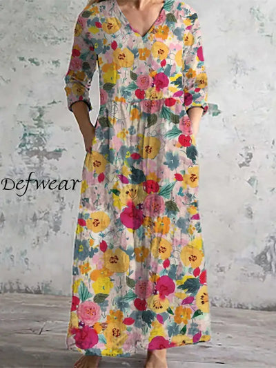 Women’s Fashion Elegant Artistic Floral Print Three Quarter Sleeves V Neck Maxi Dress A / S