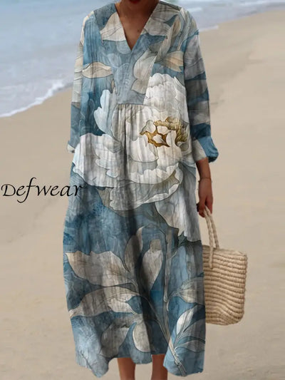 Women’s Fashion Elegant Artistic Floral Print Three Quarter Sleeves V Neck Maxi Dress A / S