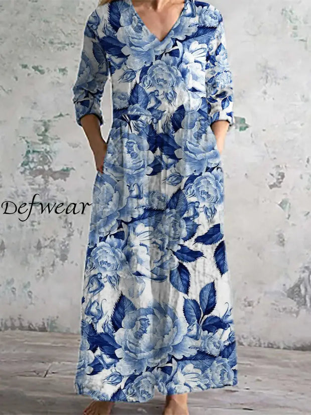 Women’s Fashion Elegant Artistic Floral Print Three Quarter Sleeves V Neck Maxi Dress A / S