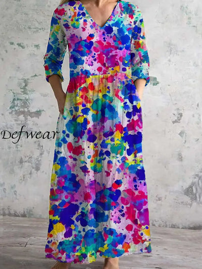 Women’s Fashion Elegant Artistic Floral Print Three Quarter Sleeves V Neck Maxi Dress A / S