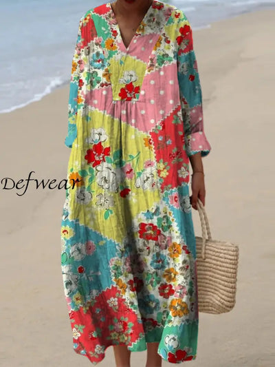 Women’s Fashion Elegant Artistic Floral Print Three Quarter Sleeves V Neck Maxi Dress A / S