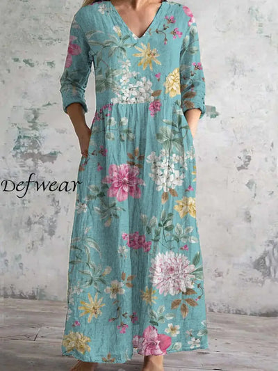 Women’s Fashion Elegant Artistic Floral Print Three Quarter Sleeves V Neck Maxi Dress A / S