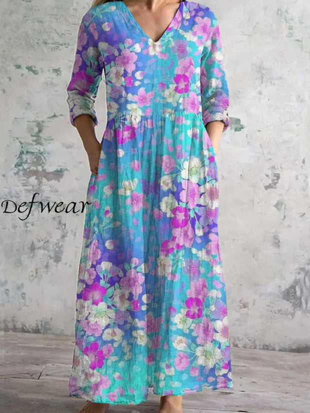 Women’s Fashion Elegant Artistic Floral Print Three Quarter Sleeves V Neck Maxi Dress A / S