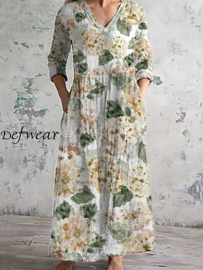 Women’s Fashion Elegant Artistic Floral Print Three Quarter Sleeves V Neck Maxi Dress A / S