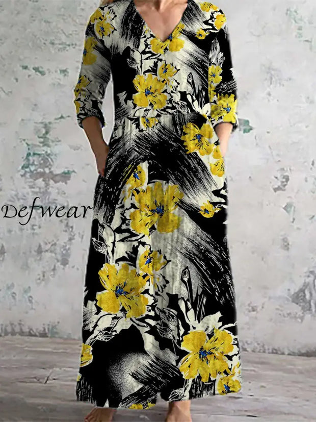 Women’s Fashion Elegant Artistic Floral Print Three Quarter Sleeves V Neck Maxi Dress A / S