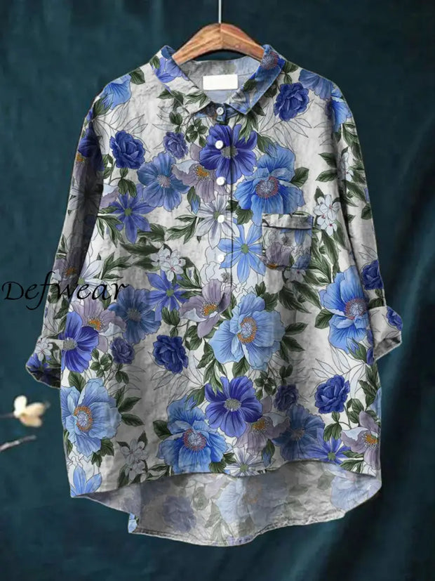 Women’s Fashion Elegant Artistic Floral Print V-Neck Button Pocket Long Sleeve Shirt Tops A / S