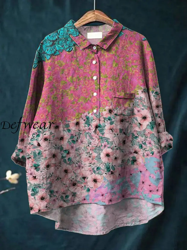 Women’s Fashion Elegant Artistic Floral Print V-Neck Button Pocket Long Sleeve Shirt Tops A / S