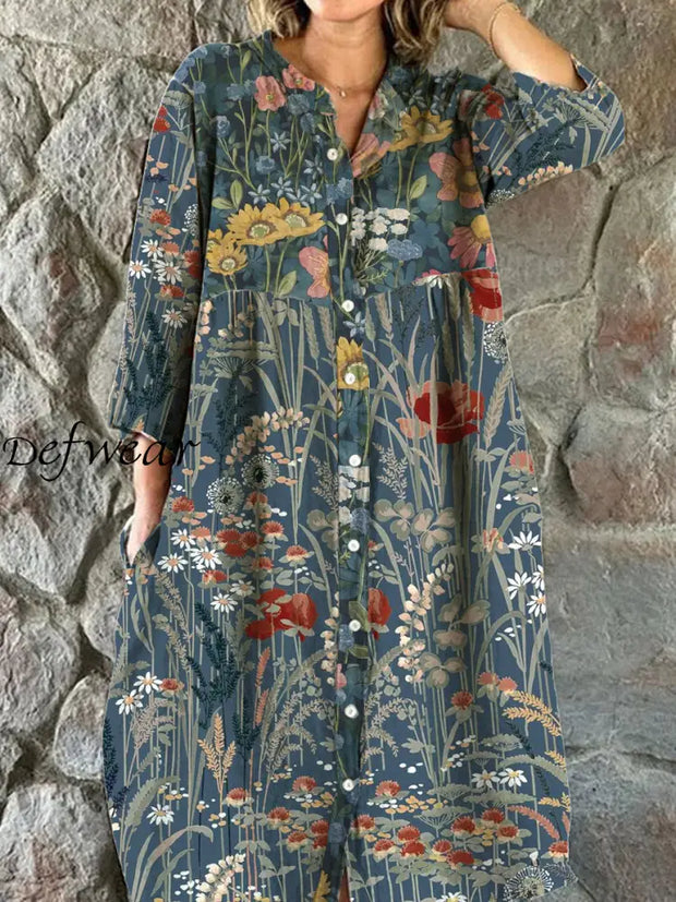 Women’s Fashion Elegant Artistic Floral Print V-Neck Button Three Quarter Sleeve Midi Dress A / S