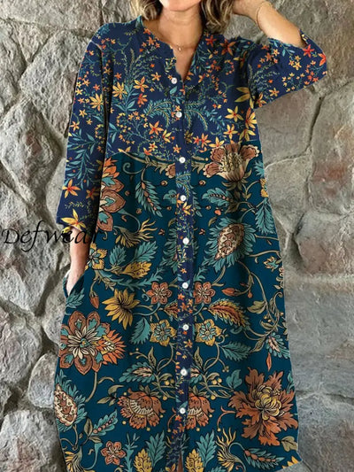 Women’s Fashion Elegant Artistic Floral Print V-Neck Button Three Quarter Sleeve Midi Dress A / S