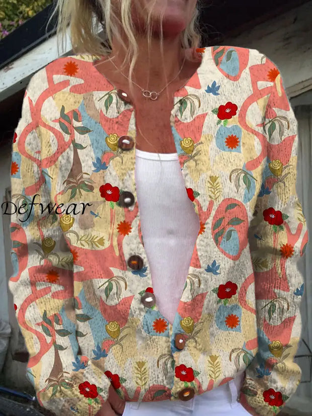 Women’s Fashion Elegant Artistic Floral Print V-Neck Long Sleeve Button Cardigan Sweater A / S