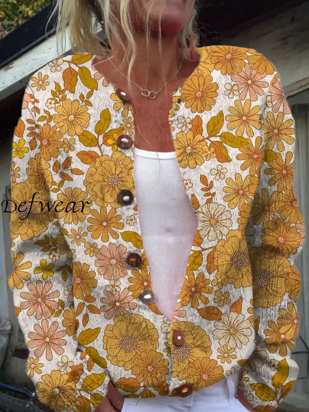 Women’s Fashion Elegant Artistic Floral Print V-Neck Long Sleeve Button Knitted Sweater Cardigan