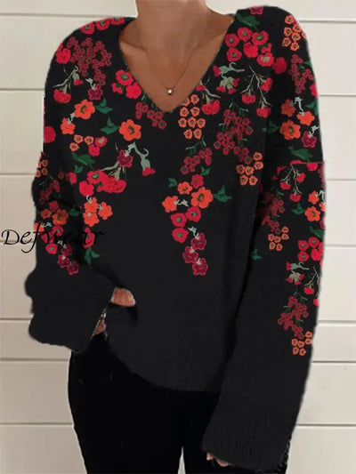 Women’s Fashion Elegant Artistic Floral Print V-Neck Long Sleeve Knitted Sweater A / S