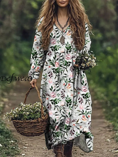 Women’s Fashion Elegant Artistic Floral Print V-Neck Long Sleeve Loose Maxi Dress A / S