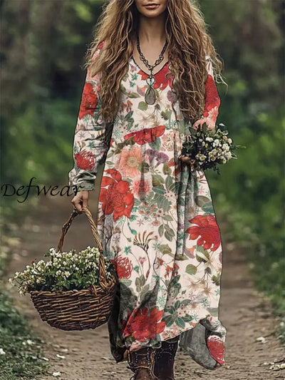 Women’s Fashion Elegant Artistic Floral Print V-Neck Long Sleeve Loose Maxi Dress A / S