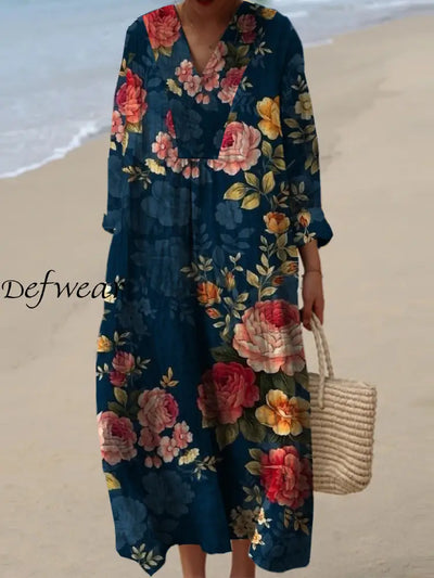 Women’s Fashion Elegant Artistic Floral Print V-Neck Long Sleeve Loose Maxi Dress A / S