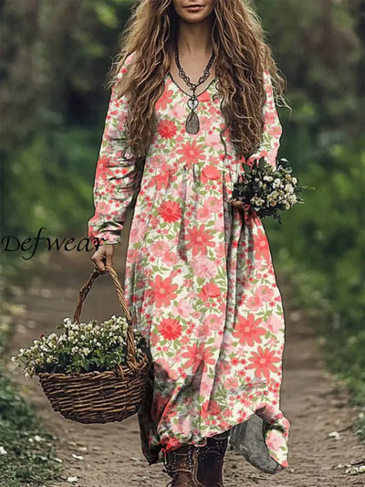 Women’s Fashion Elegant Artistic Floral Print V-Neck Long Sleeve Loose Maxi Dress A / S