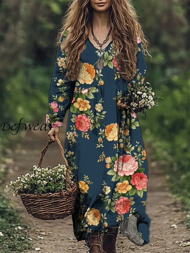 Women’s Fashion Elegant Artistic Floral Print V-Neck Long Sleeve Loose Maxi Dress A / S