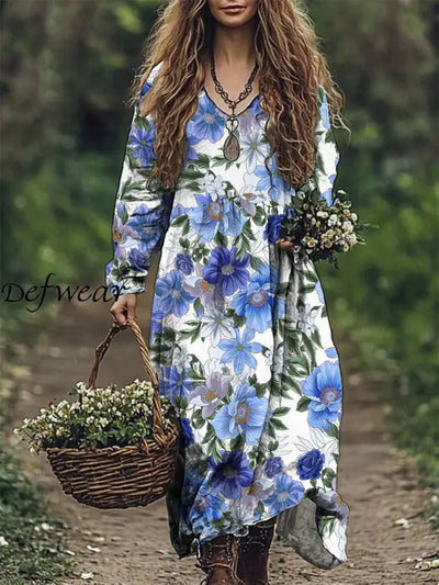 Women’s Fashion Elegant Artistic Floral Print V-Neck Long Sleeve Loose Maxi Dress A / S