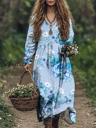 Women’s Fashion Elegant Artistic Floral Print V-Neck Long Sleeve Loose Maxi Dress A / S