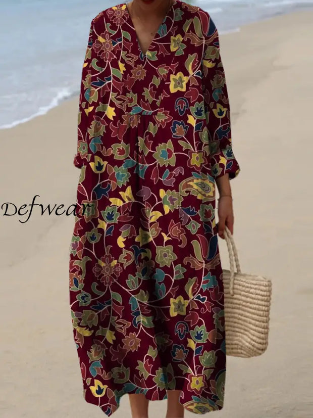 Women’s Fashion Elegant Artistic Floral Print V-Neck Long Sleeve Maxi Dress A / S