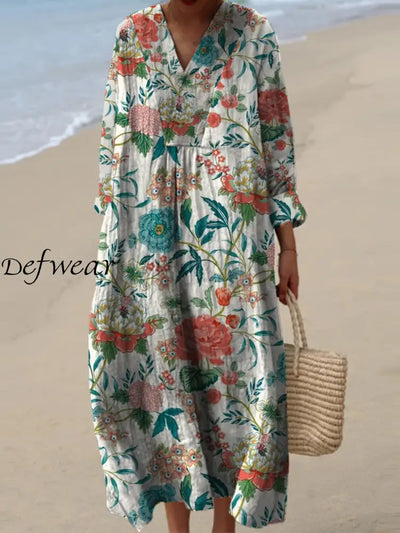 Women’s Fashion Elegant Artistic Floral Print V-Neck Long Sleeve Maxi Dress A / S