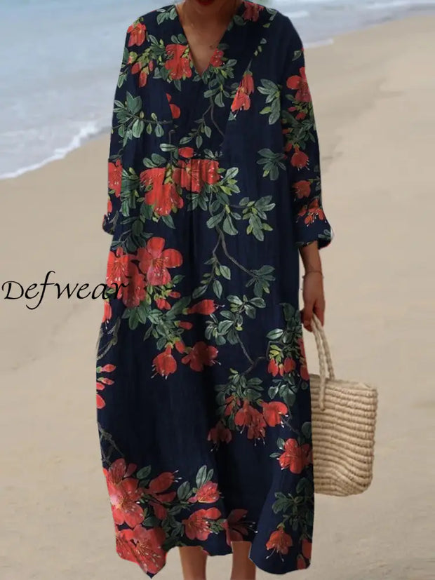 Women’s Fashion Elegant Artistic Floral Print V-Neck Long Sleeve Maxi Dress A / S