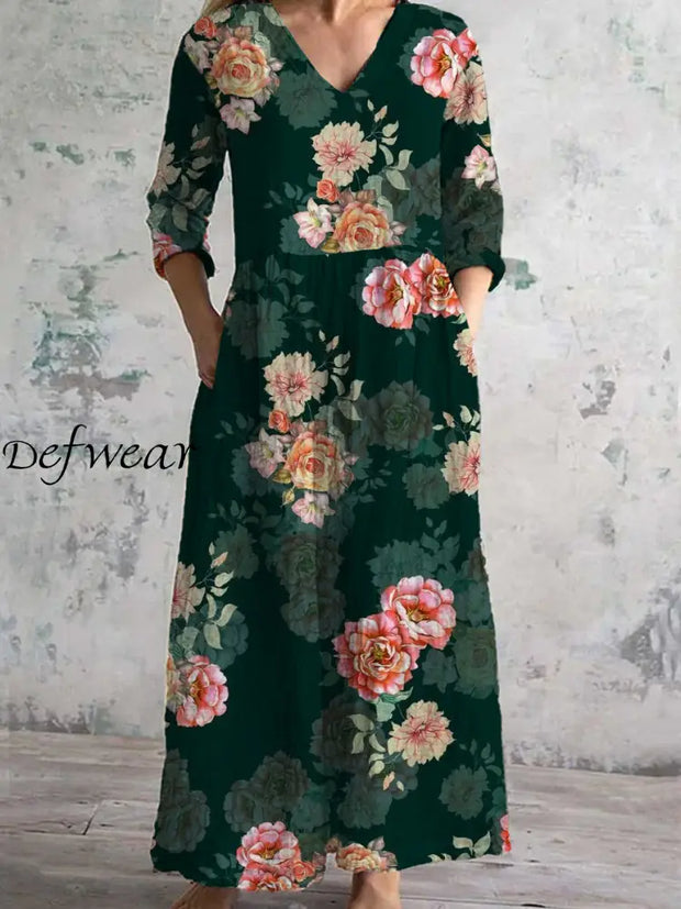 Women’s Fashion Elegant Artistic Floral Print V-Neck Long Sleeve Maxi Dress A / S