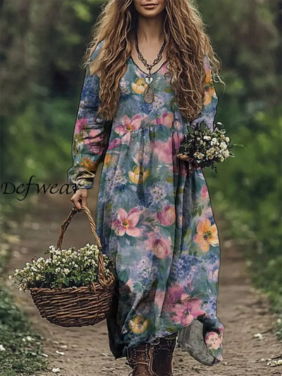 Women’s Fashion Elegant Artistic Floral Print V-Neck Long Sleeve Maxi Dress A / S