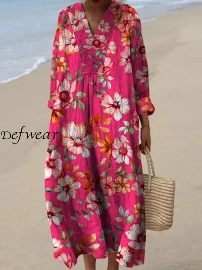 Women’s Fashion Elegant Artistic Floral Print V-Neck Long Sleeve Maxi Dress A / S