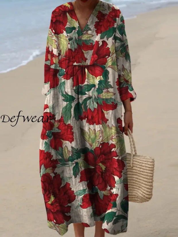 Women’s Fashion Elegant Artistic Floral Print V-Neck Long Sleeve Maxi Dress A / S