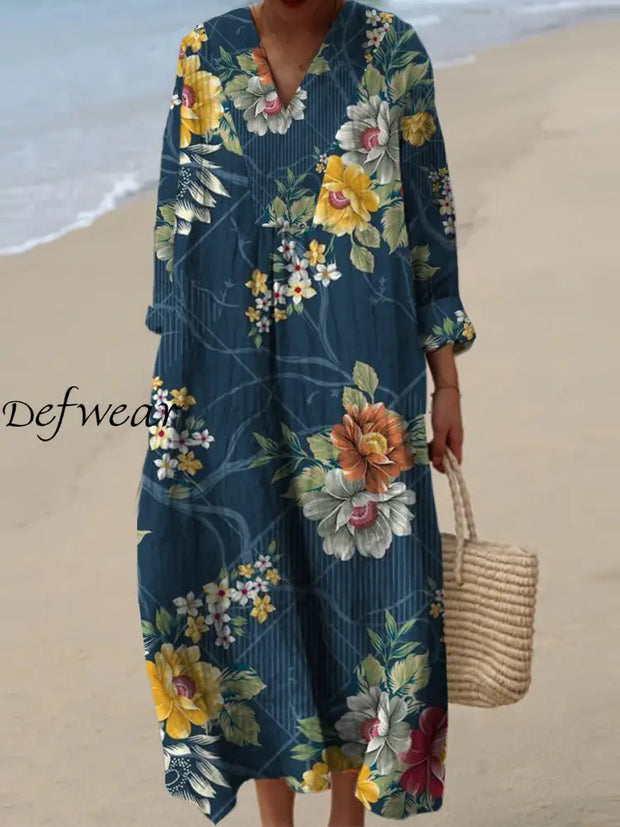 Women’s Fashion Elegant Artistic Floral Print V-Neck Long Sleeve Maxi Dress A / S