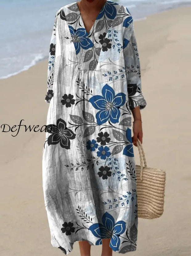 Women’s Fashion Elegant Artistic Floral Print V-Neck Long Sleeve Maxi Dress A / S