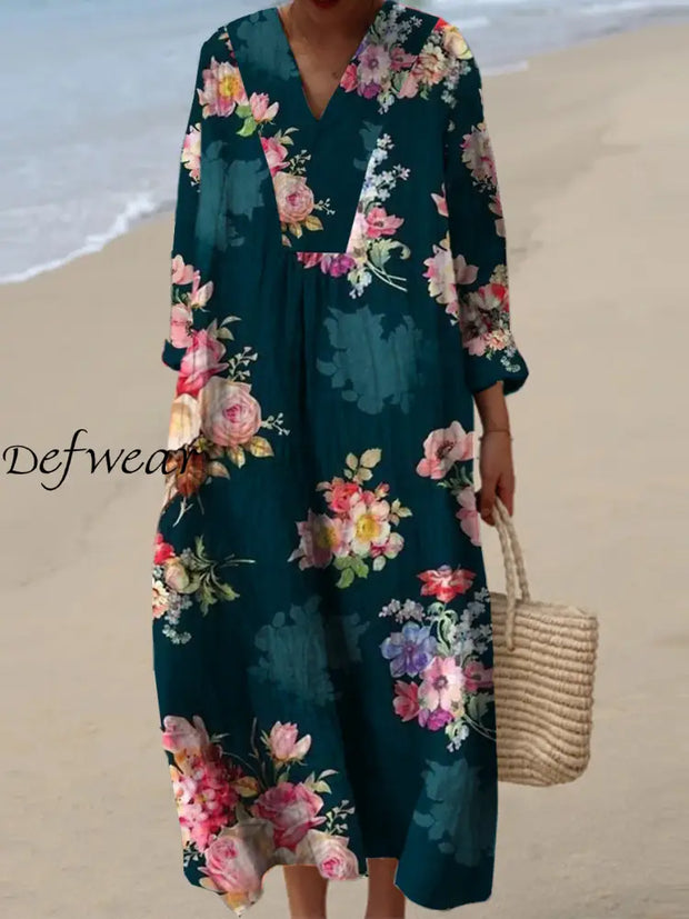 Women’s Fashion Elegant Artistic Floral Print V-Neck Long Sleeve Maxi Dress A / S