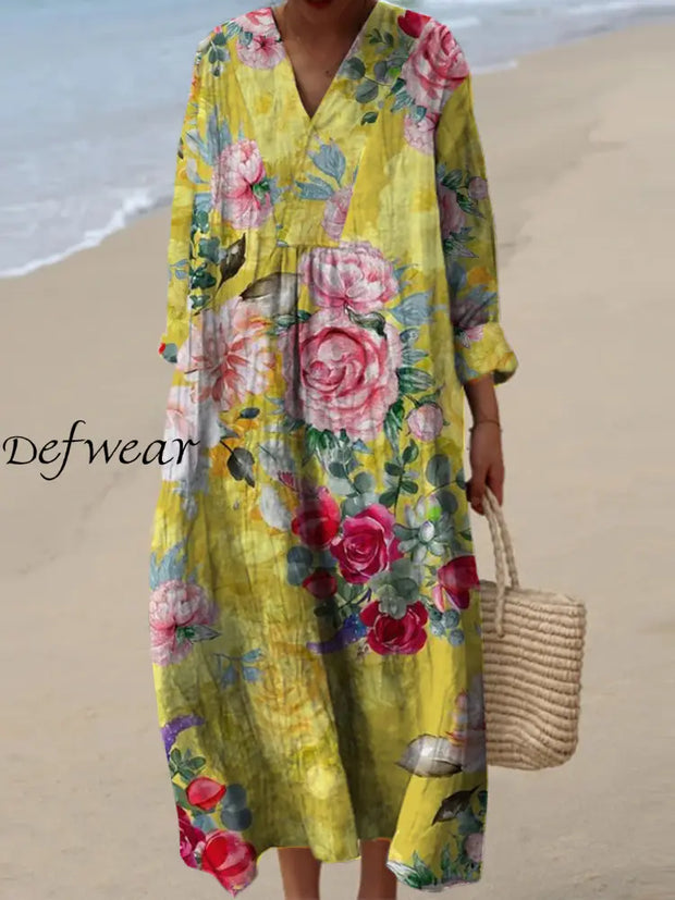 Women’s Fashion Elegant Artistic Floral Print V-Neck Long Sleeve Maxi Dress A / S