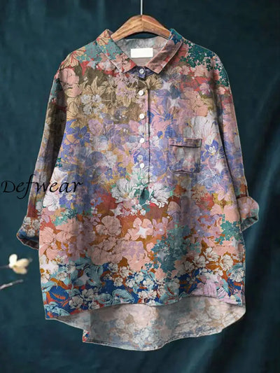 Women’s Fashion Elegant Artistic Floral Print V-Neck Long Sleeve Pocket Button Shirt Tops A / S