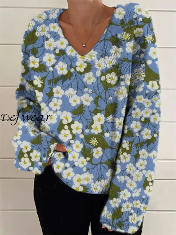 Women’s Fashion Elegant Artistic Floral Print V-Neck Sweater A / S