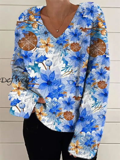 Women’s Fashion Elegant Artistic Floral Print V-Neck Sweater A / S