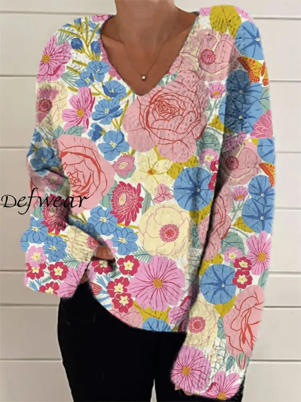 Women’s Fashion Elegant Artistic Floral Print V-Neck Sweater A / S